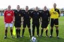 Manchester United's Sammy McIlroy and the Select XI's Matthew Bond , with the match officials before Sunday's match (Pictures: JOHN CUTHBERTSON)