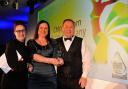 Wiltshire Business Awards - Apprenticeship, Training and Personal development winners Chippenham Motor Company, Jacqueline Bailey & Darren McDade with Claire Thorogood of sponsor Wiltshire College.  GP300-8 Photo GlennPhillips