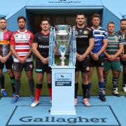 From left to right, Northampton Saints' Tom Wood, Wasps' Dan Robson, Sale Sharks' Chris Ashton, Harlequins' Mike Brown, Gloucester Rugby's Danny Ciprianni, Saracens' Alex Goode, Exeter Chiefs' Don Armand, Bath Rugby's Rhys