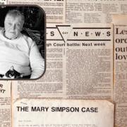 Newspaper clippings and, inset, Mary Cunningham Simpson (1947-2021)