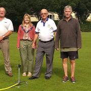 Peter Andrew of Hills Group, Sarah Gibson, Mayor of Bradford on Avon, Derrick Hunt Secretary  Bradford on Avon Bowls Club and Mike Smith, Chairman Bradford on Avon Cricket Club with the new sprinkler system for the Cricket Club Photo: John Griffin
