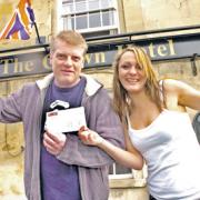 Crown Hotel landlord Bill Fawdry and Victoria Lyon celebrate their fundraising skydive