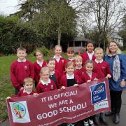 Headteacher Jill Hibbs with children from Dilton Marsh celebrate the ‘Good’ Ofsted rating