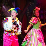 Jon Monie as Lester the Jester and Kitty O'Gara as a Villager in the pantomime Sleeping Beauty