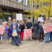 Campaigners including Freshford residents, led by Cllr Fiona Gourley (at the end at right), gather at Keynsham to lobby WECA to restore regular buses, including the 94.