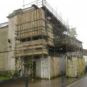 Overdue for removal: the scaffolding in front of 3 High Street, Warminster, which will finally be demolished.