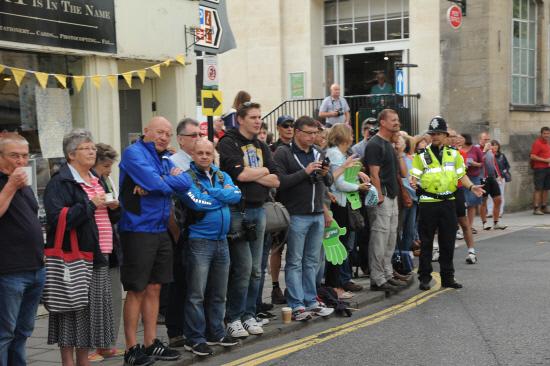 Riders and fans in Bradford on Avon