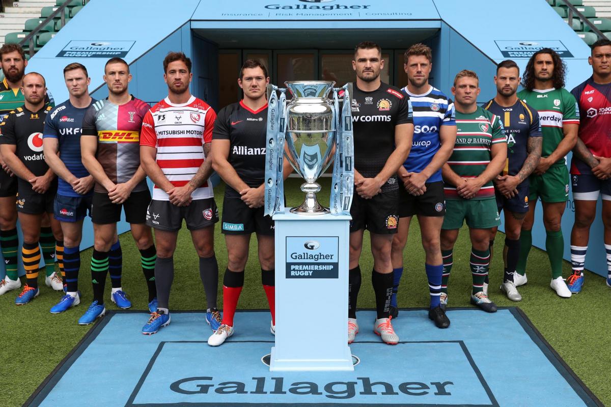 From left to right, Northampton Saints' Tom Wood, Wasps' Dan Robson, Sale Sharks' Chris Ashton, Harlequins' Mike Brown, Gloucester Rugby's Danny Ciprianni, Saracens' Alex Goode, Exeter Chiefs' Don Armand, Bath Rugby's Rhys