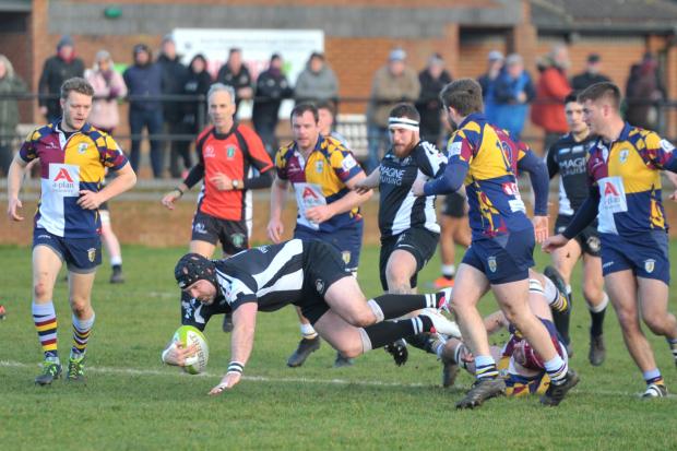 Rugby, Royal Wootton Bassett v Oxford Harlequins at Royal Wotton Bassett..Pic - Chris Patterson ( Bassett ) - below left .Date 5/1/20.Pic by Dave Cox.