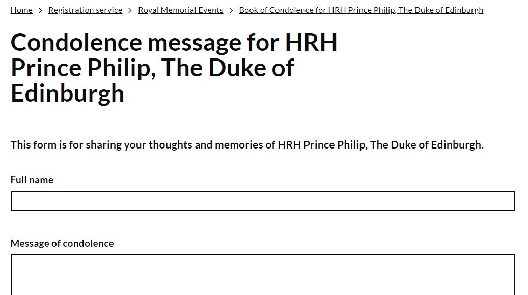 Screenshot from the online book of condolences in memory of Prince Philip