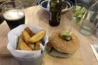 Vegan burger with chunky chips