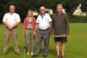 Peter Andrew of Hills Group, Sarah Gibson, Mayor of Bradford on Avon, Derrick Hunt Secretary  Bradford on Avon Bowls Club and Mike Smith, Chairman Bradford on Avon Cricket Club with the new sprinkler system for the Cricket Club Photo: John Griffin