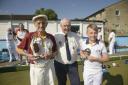 Mid Wilts Triples Bowls League secretary Stan Bartlett with Tom White, 99, and Alfie Holland, 13 Photo: Trevor Porter 67633-1