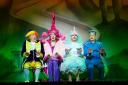 Michael Chance as Baron Hard-up, Nic Gibney as Harmony Hard-up, Duncan Burt as Melody Hard-up and Jon Monie as Buttons in the pantomime Cinderella Photo: Freia Turland