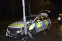 Police car crashes into a lamp standard on the A361 neare Trowbridge. Photo: Trevor Porter 69720-1