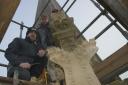 Final fixing of the carved stonework on the south west pinnacle by stonemasons Mark Silk and Ethan Darby.