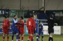 Greg Tindle is shown the red card during Tuesday's cup semi final