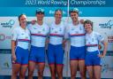 The World Championships Gold medal-winning GB team: Frankie Allen, Morgan Fice-Noyes, Giede Rakauskaite, Ed Fuller and cox Erin Kennedy