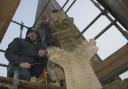 Final fixing of the carved stonework on the south west pinnacle by stonemasons Mark Silk and Ethan Darby.