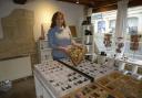 Jo Gomme with her Onyx eggs and crystals in the 15th century Hall House in Church Street, Trowbridge.