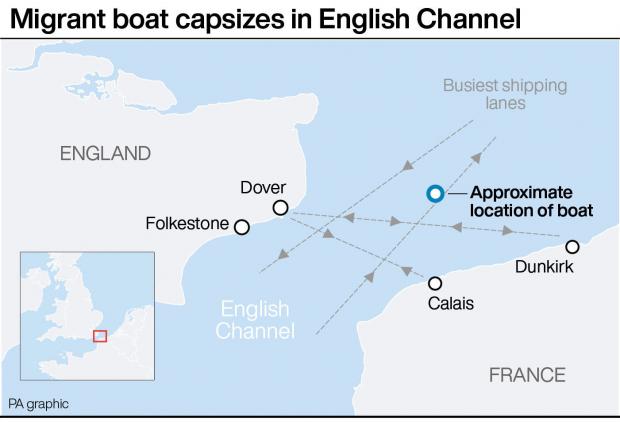 Wiltshire Times: Migrant boat capsizes in the English channel. Credit: PA Graphics