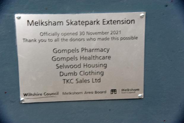 Wiltshire Times: Plaque featuring the names of all the sponsors for the skatepark extension Photo Trevor Porter