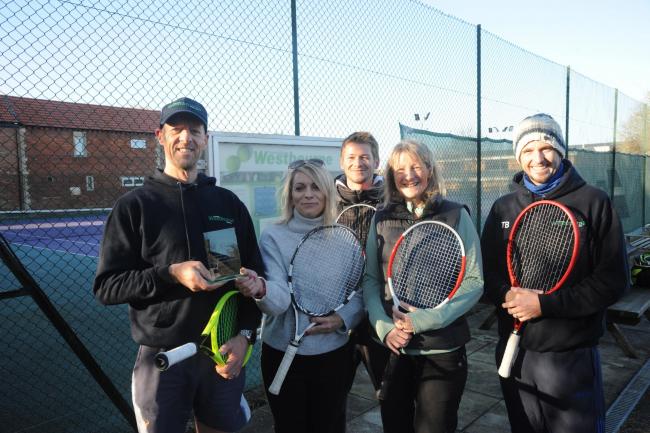 Westbourne Tennis Club has been voted best in Wiltshire, treasurer Rich Cannon, secretary Sylvia Gilmore, coach Simon Blakeley,  league coordinator Kay Gilbert, and men's captain Tom Brewer PHOTO: Trevor Porter