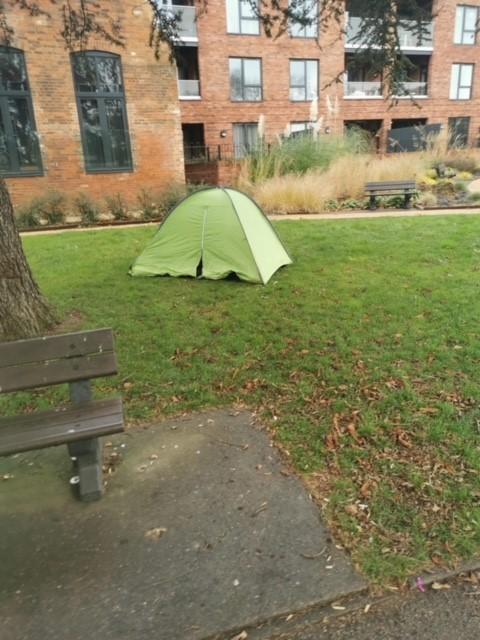 A homeless man's tent set up in the middle of Trowbridge