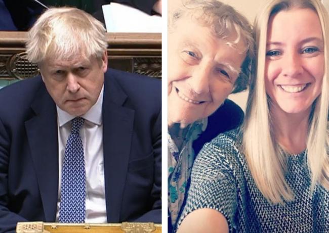 Prime minister Boris Johnson in the House of Commons earlier this week and (right) Emma Jenkins with her grandmother Kathleen Gribble in 2020