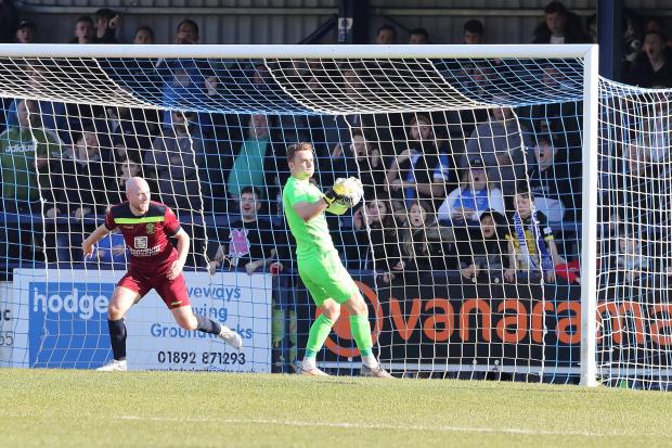 Chippenham Town goalkeeper Will Henry catches a cross during the Bluebirds’ 2-0 defeat away to Tonbridge Angels in National League South             Photo: Richard Chappell