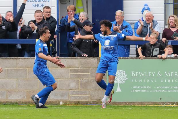 Chippenham Town’s Noah Coppin celebrates his 93rd-minute winner against Hungerford Town on Bank Holiday Monday   Photo: Richard Chappell