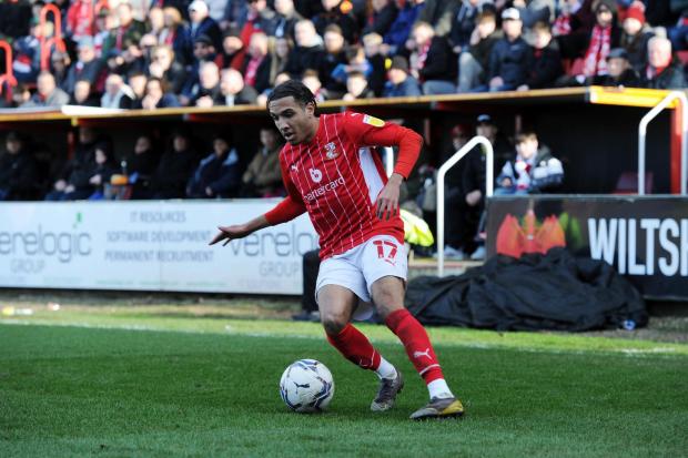 Swindon's Jayden Mitchell-Lawson during the match between Swindon Town and Oldham Athletic at The County Ground Stadium , Swindon, England on Saturday the 12th of March 2022. The EFL League Two, Photo by Rob Noyes..