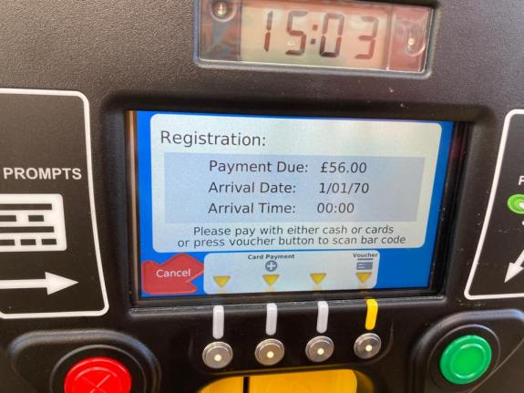 Wiltshire Times: Salisbury District Hospital parking machine displaying £56 payment due. Wiltshire Times: Salisbury District Hospital parking machine displaying £56 payment due.