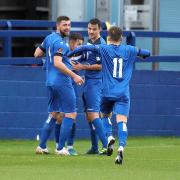 The Chippenham Town players celebrate Brad Ash’s first-half goal in the weekend defeat to Ebbsfleet United at the Thornbury Surfacing Stadium		          Photo: Richard Chappell