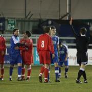 Greg Tindle is shown the red card during Tuesday's cup semi final