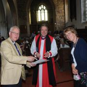 Bishop of Ramsbury, Rt Revd Andrew Rumsey, with Rector Dr Rob Thomas and his wife Marilyn Photo: Trevor Porter 67474-2