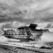 A combine harvester kicking up the dust, by Mitch Harris