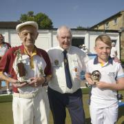 Mid Wilts Triples Bowls League secretary Stan Bartlett with Tom White, 99, and Alfie Holland, 13 Photo: Trevor Porter 67633-1