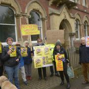 Protestors gather at The Lavington prior to site visits by Westbury incinerator public inquiry inspector Stephen Normington on Monday. Photo: Trevor Porter  69459 -1