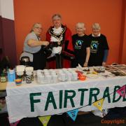 Trowbridge Mayor, Cllr Graham Hill (centre) launches Fairtrade Fortnight with an event at Trowbridge Civic Centre. Photo: Kevin Hartley