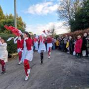 Selwood Bound morris dance their way through Bratton for the Reeves Orchard wassailing custom.