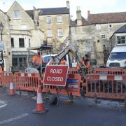 Silver Street in Bradford on Avon is closed while Wessex Water engineers replace leaking water pipes.