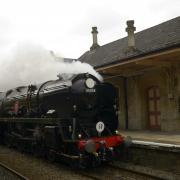 Clan Line steams through Bradford on Avon station.
