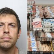 James Heppel and some of the cash he amassed as part of a £5.7 million cryptocurrency scam