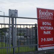 The Foodies Festival advertising banner fly-posted in Stallard Street, Trowbridge.