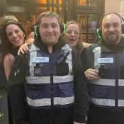 Trowbridge street wardens Stephen and Sean Pink with Friday night revellers outside the Still Sisters gin distillery in Trowbridge.
