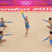 Francesca Fox (centre) and GB's rhythmic group perform at Wembley Arena today