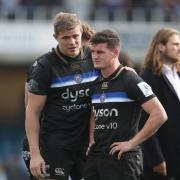 Bath's Freddie Burns is consoled by Tom Ellis after the European Champions Cup match at the Recreation Ground, Bath. PRESS ASSOCIATION Photo. Picture date: Saturday October 13, 2018. See PA story RUGBYU Bath. Photo credit should read: David Davies/PA