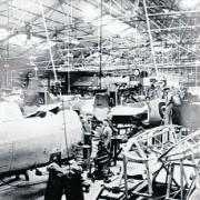 Workers at the Fuselage assembly shop at the Bradley Road Spitfire works Trowbridge