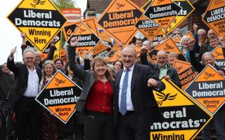 Liberal Democrat Leader Ed Davey with the Lib Dem PPC for Chippenham, Sarah Gibson.